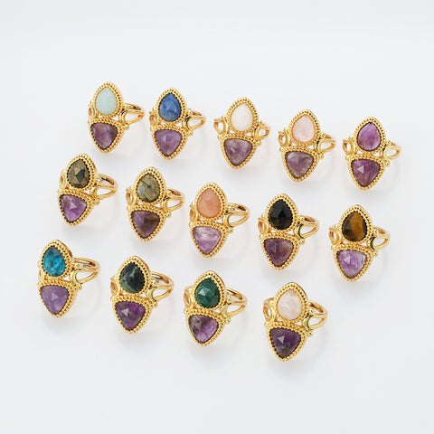 Unique Triangle Amethyst & Teardrop Gemstone Ring, Gold Plated, Faceted Stone Ring, Adjustable, Crystal Jewelry WX2231