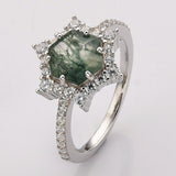 925 Sterling Silver Hexagon Natural Moss Agate Ring, Zircon Ring, Fashion Jewelry SS291RS