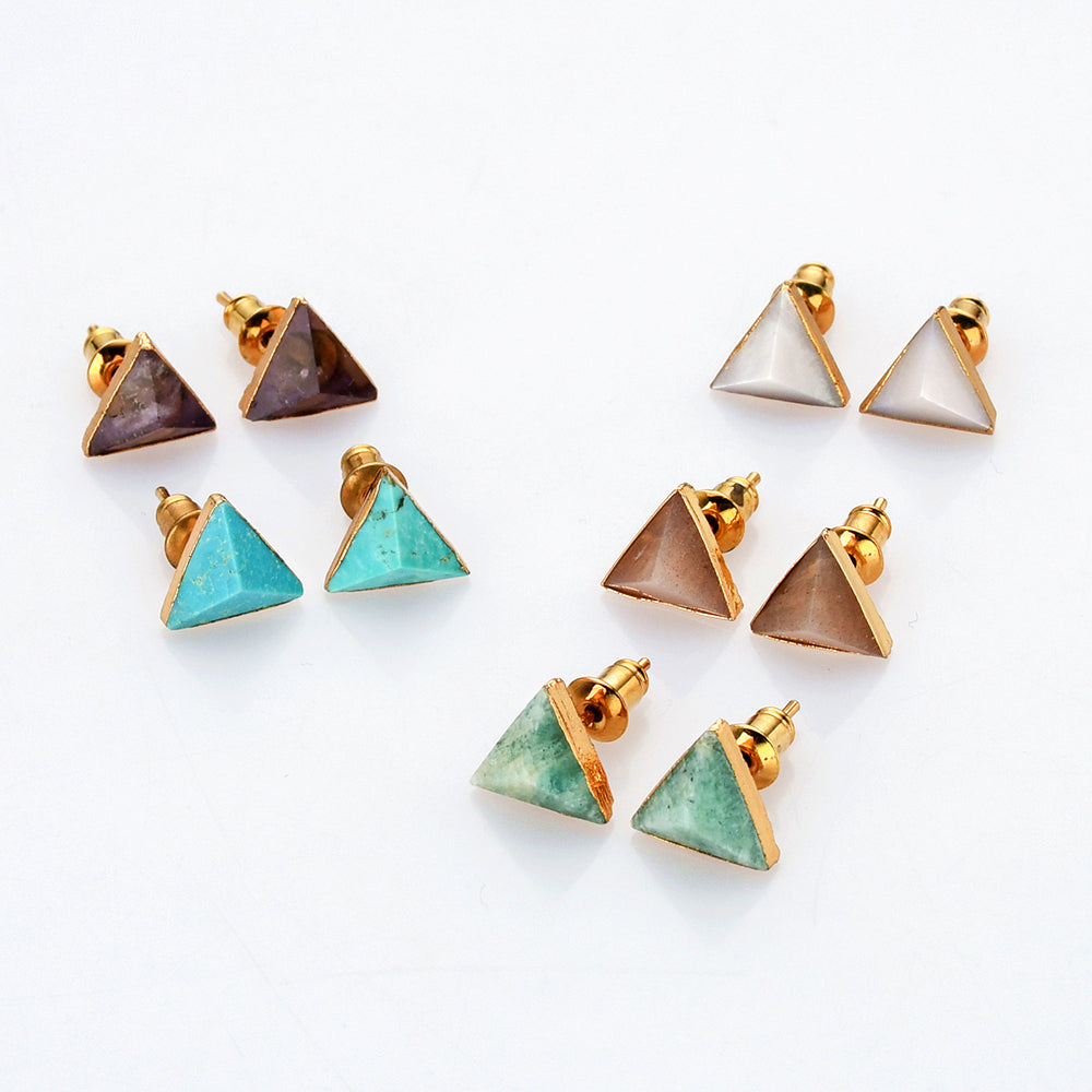 Gold Triangle Gemstone Faceted Stud Earrings, Healing Crystal Earring, Boho Jewelry G1300