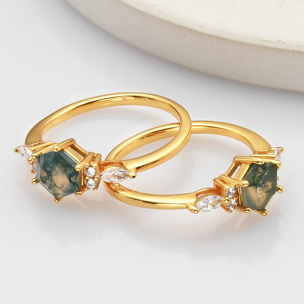 Gold Plated 925 Sterling Silver White CZ Hexagon Moss Agate Faceted Ring SS276-1
