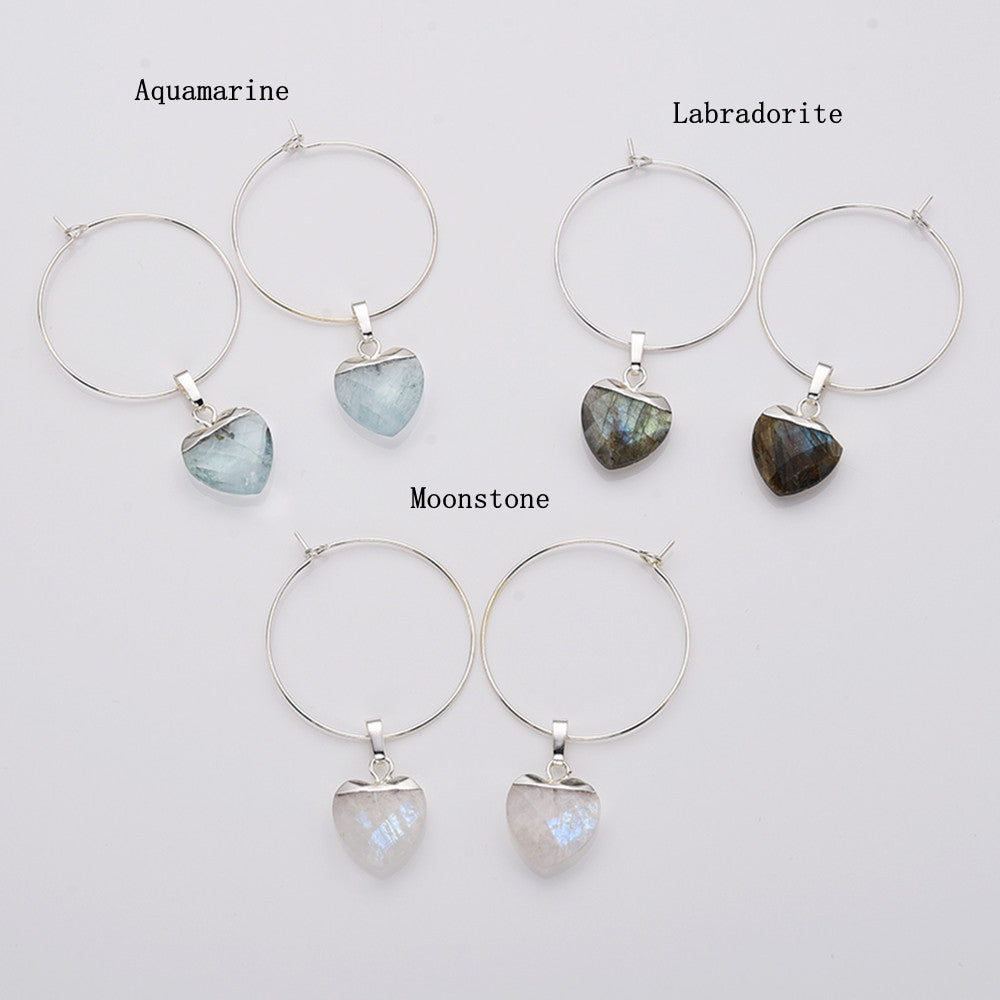 Heart Aquamarine Gemstone Faceted Hoop Dangle Earrings Silver Plated Jewelry AL810