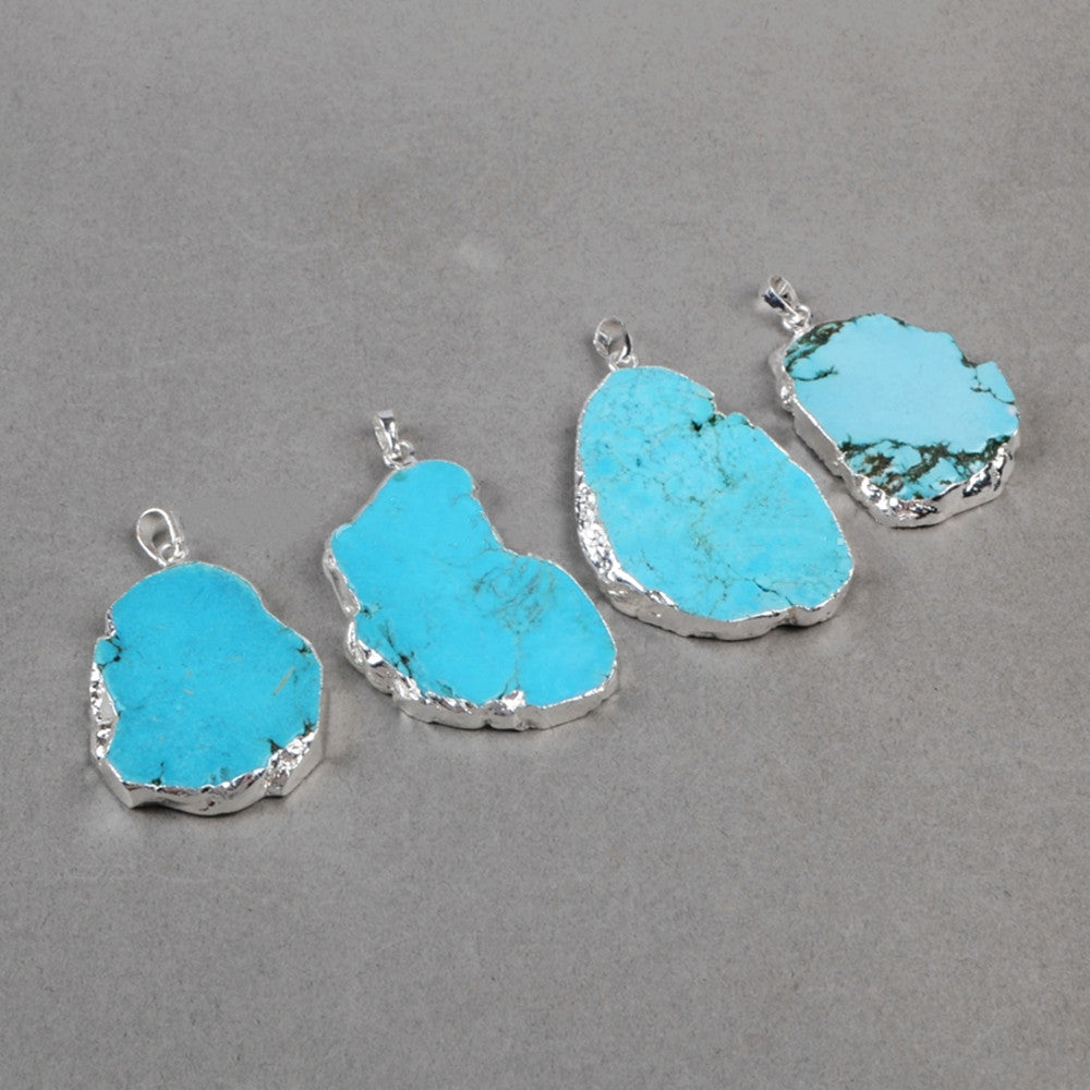 Silver Plated Freeform Blue Howlite Turquoise Slice Pendant, Aqua Stone Pendant S0180