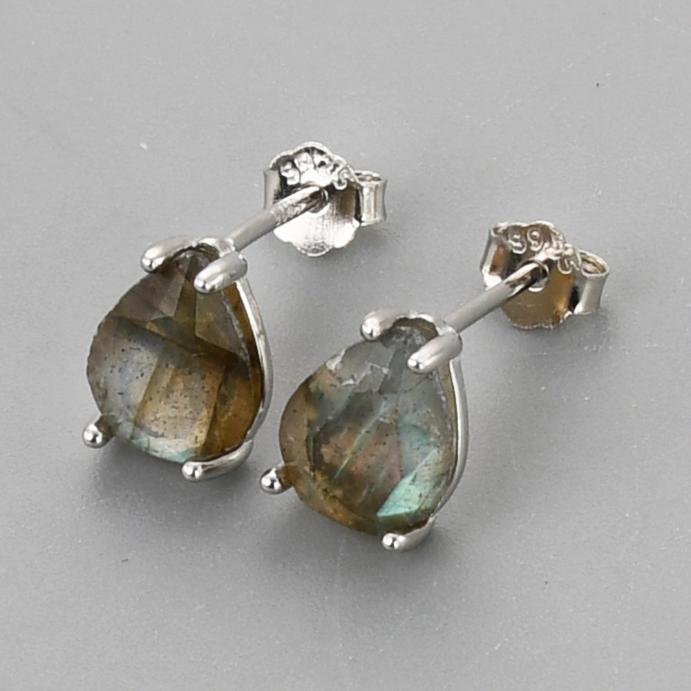S925 Sterling Silver Claw Teardrop Labradorite Stud Earrings, Faceted Gemstone Crystal Post Earring, Birthstone Jewelry SS247-2