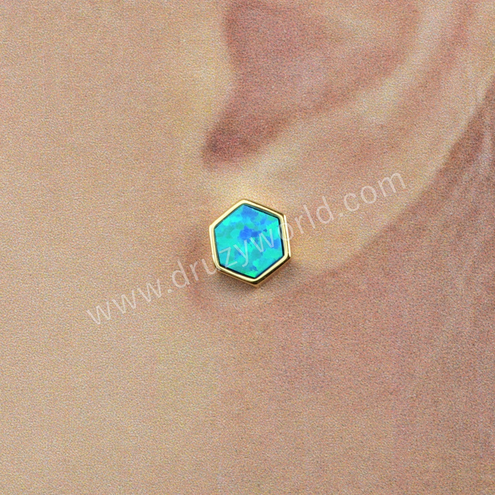 Hexagon Gold Plated Bezel Blue Opal Stud Earrings ZG0224