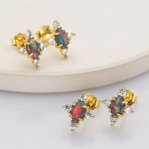 925 Sterling Silver Oval Black Opal Stud Earrings in Gold Plated, CZ Pave, Fashion Gemstone Earrings Jewelry SS289EG-1