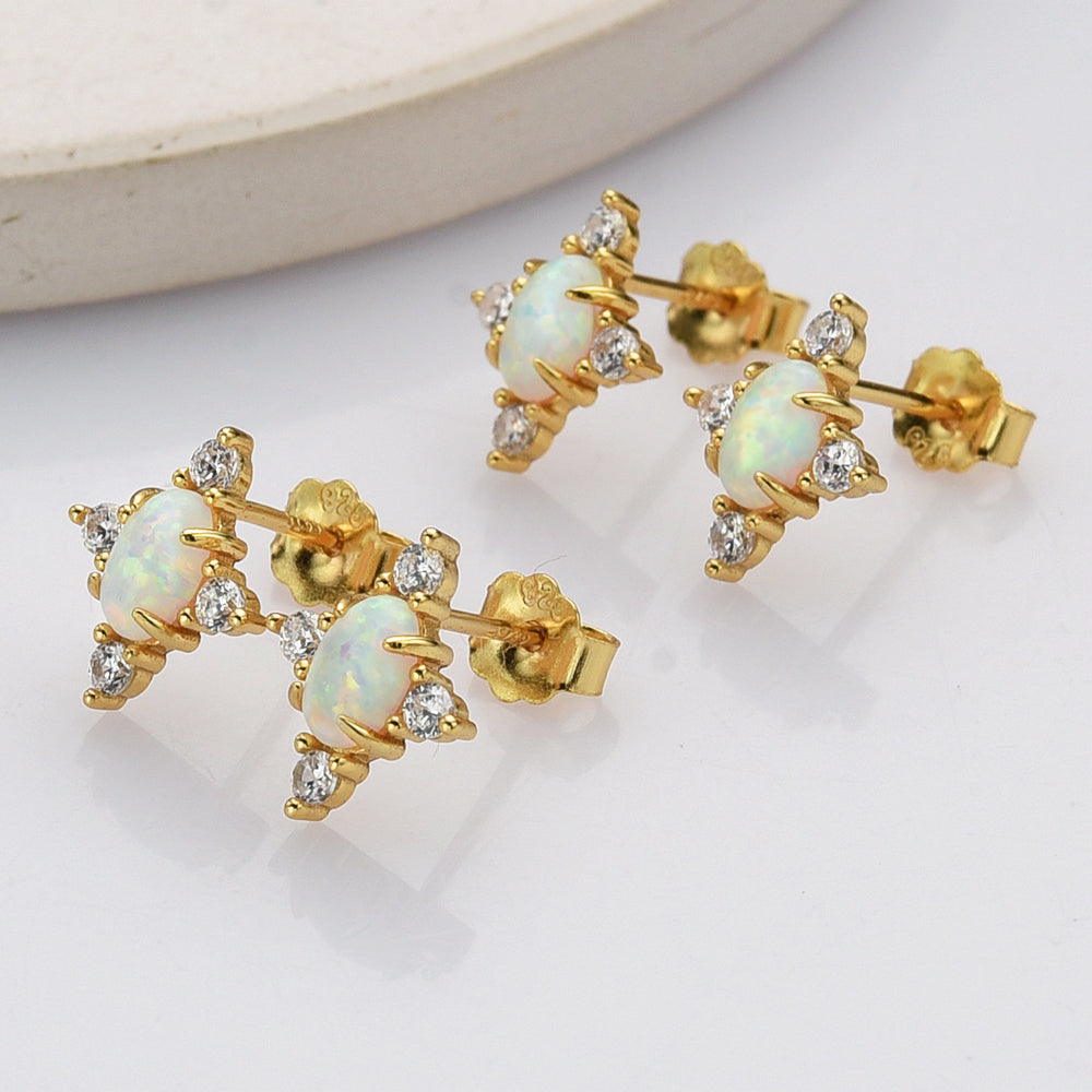 Gold Plated White Opal Stud Earrings, 925 Sterling Silver, CZ Pave, Gemstone Earrings Jewelry SS289-3