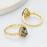 925 Sterling Silver Gold Drop Natural Moss Agate Ring, CZ Micro Pave SS267RG