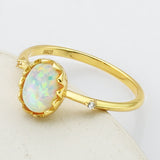 925 Sterling Silver Gold Oval White Opal Ring, CZ Pave Jewelry Ring SS272-2