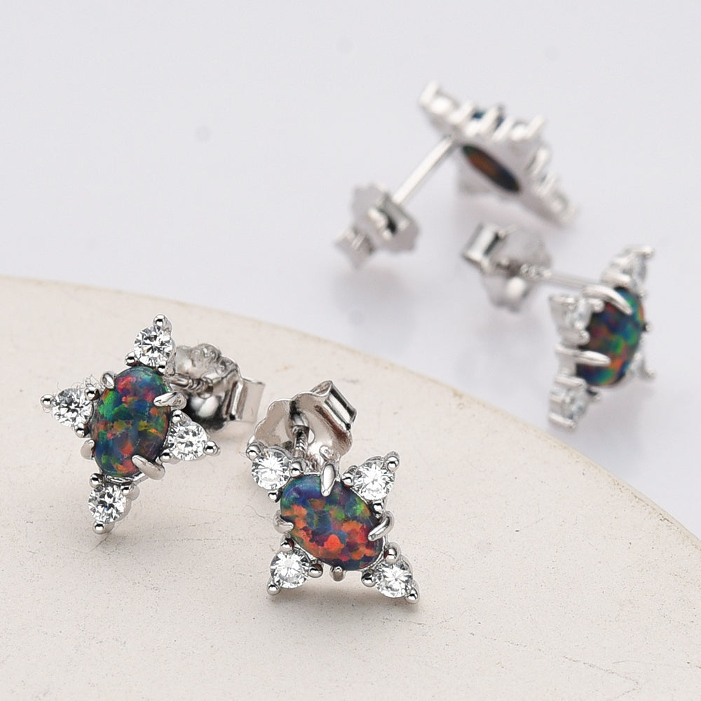 925 Sterling Silver Oval Black Opal Stud Earrings, CZ Pave, Fashion Gemstone Earrings Jewelry SS290-1