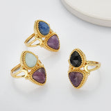 Unique Triangle Amethyst & Teardrop Gemstone Ring, Gold Plated, Faceted Stone Ring, Adjustable, Crystal Jewelry WX2231