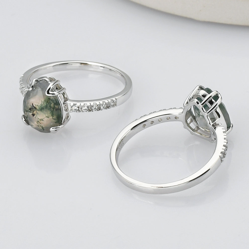 925 Sterling Silver Drop Natural Moss Agate Ring, CZ Micro Pave SS267-2