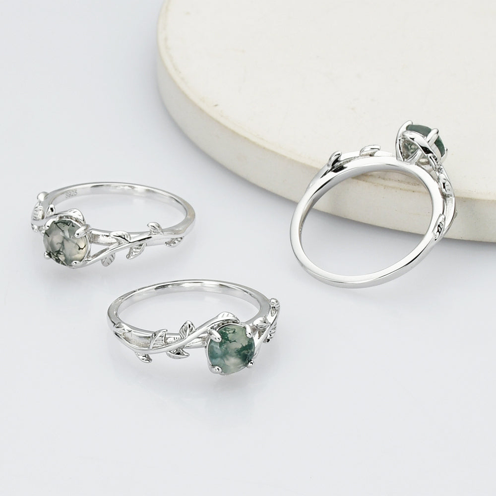 925 Sterling Silver Round Natural Moss Agate Statement Ring, Silver Leaf Ring SS268-2