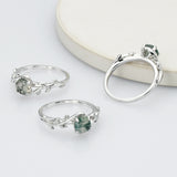 925 Sterling Silver Round Natural Moss Agate CZ Leaf Ring SS268-2