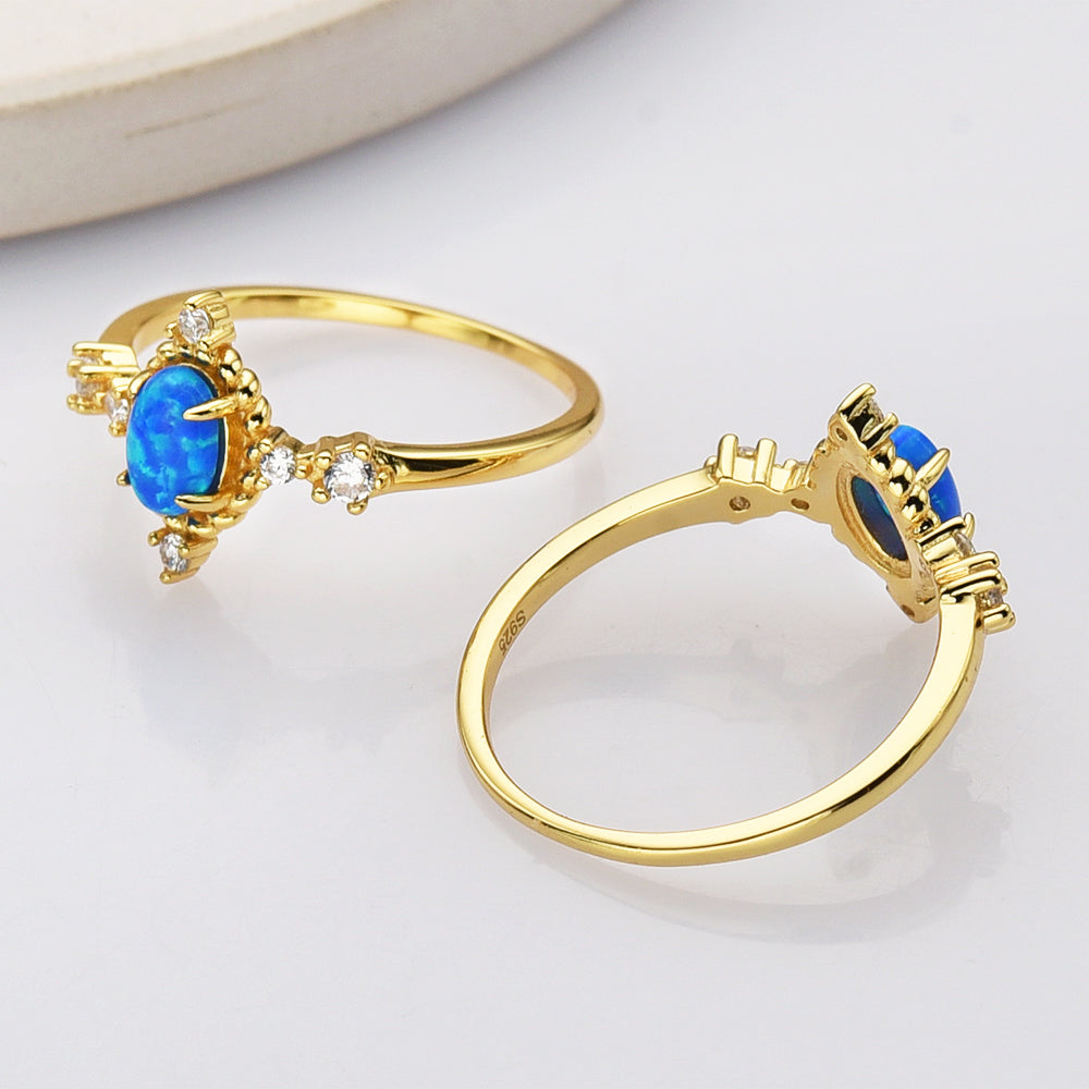 Gold Plated Oval Blue Opal Ring, 925 Sterling Silver, CZ Jewelry Ring SS287-2