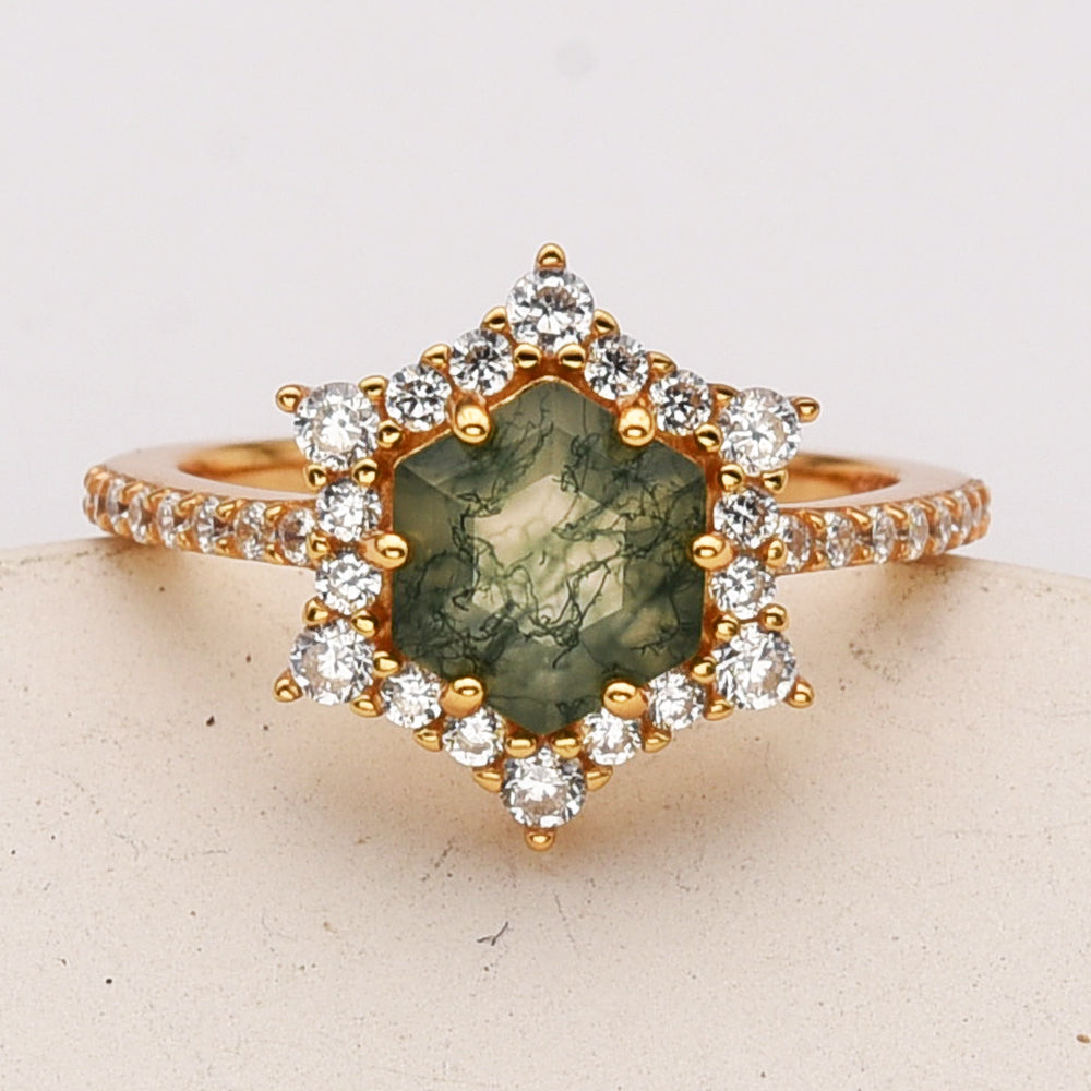 Gold Plated Hexagon Natural Moss Agate CZ Ring, 925 Sterling Silver Ring Jewelry SS291-1