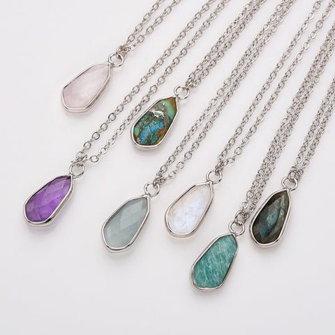 18" Small Long Teardop Natural Stone Faceted Pendant Silver Necklace, Birthstone Jewelry Necklace ZS0530-9