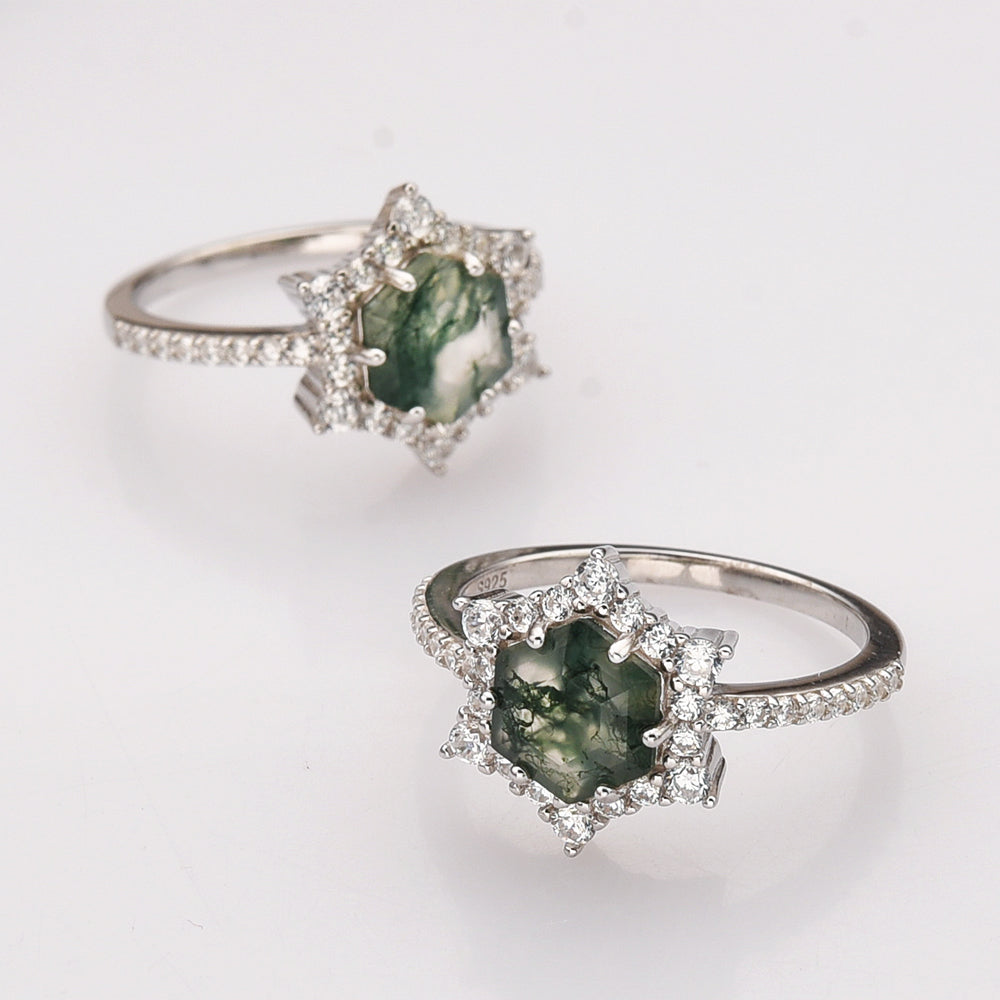 925 Sterling Silver Hexagon Natural Moss Agate Ring, Zircon Ring, Fashion Jewelry SS291-2