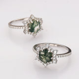 925 Sterling Silver Hexagon Natural Moss Agate Ring, Zircon Ring, Fashion Jewelry SS291RS