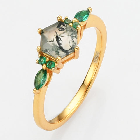 Gold Plated 925 Sterling Silver Green CZ Hexagon Moss Agate Ring SS275