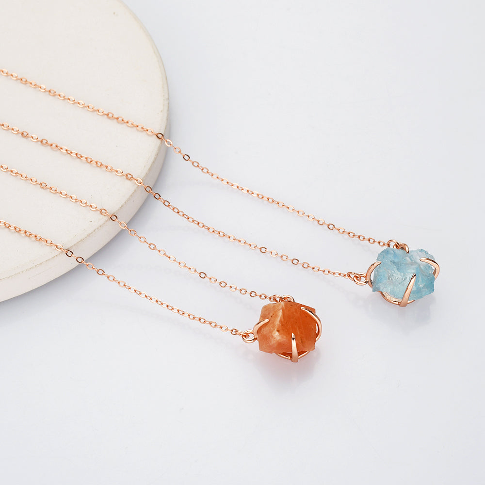raw aquamarine, citrine necklace, rose gold sterling silver necklace, birthstone necklace, healing gemstone necklace, crystal quartz jewelry, gift for women
