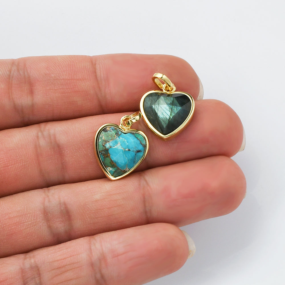 gemstone heart pendant , gold plated, faceted crystal pendant, charms, diy craft supply, moonstone labradorite copper turquoise pendant jewelry