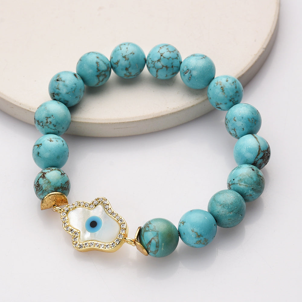 Gold CZ White Shell Evil Eye Hamsa Palm Stretch Bracelet, 10mm Blue Howlite Turquoise Beads, Boho Jewelry AL729
