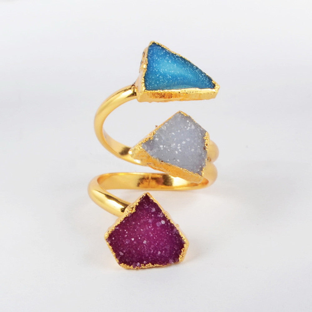 Gold Plated Rainbow Natural Agate Druzy Geode Ring, Adjustable 3-Stones Wrap Ring, Boho Jewelry G0112