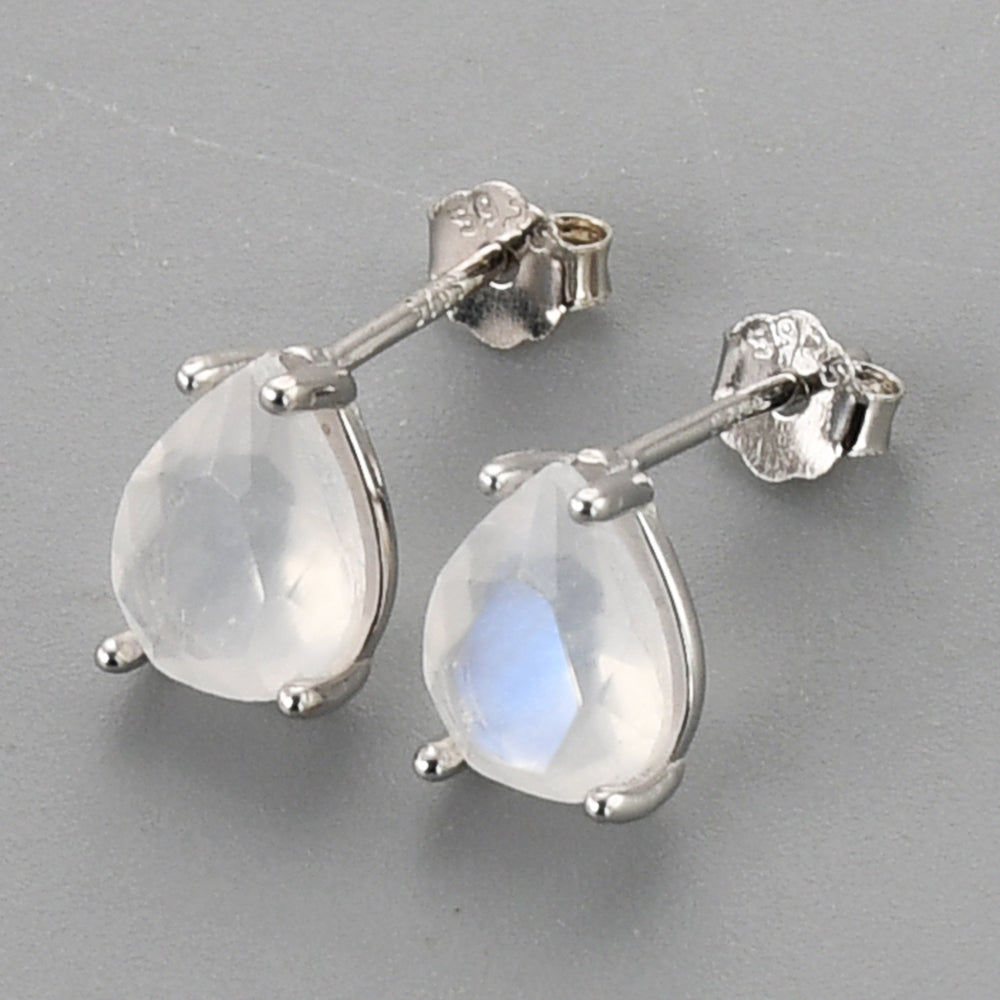 S925 Sterling Silver Claw Teardrop Moonstone Stud Earrings, Faceted Gemstone Crystal Post Earring, Birthstone Jewelry SS247-2