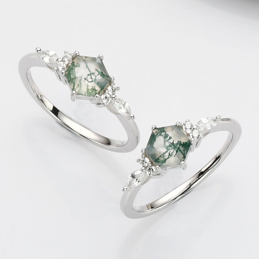 Sterling Silver White Diamond Hexagon Natural Moss Agate Faceted Ring, Fashion Gemstone Jewelry SS277