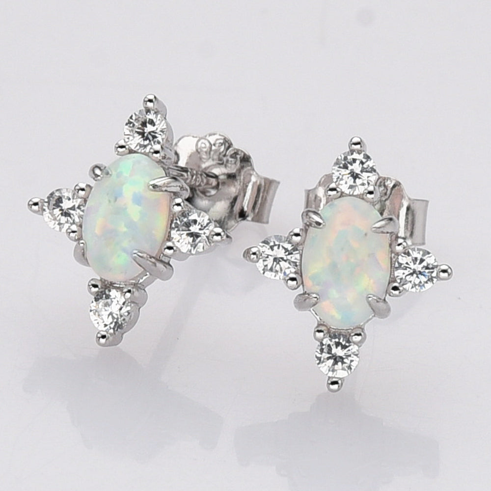 925 Sterling Silver Oval White Opal Stud Earrings, CZ Pave, Fashion Gemstone Earrings Jewelry SS290-3