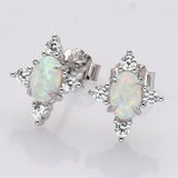 925 Sterling Silver Oval White Opal Stud Earrings, CZ Pave, Fashion Jewelry SS290-3