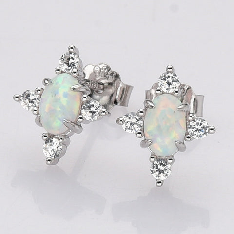 925 Sterling Silver Oval White Opal Stud Earrings, CZ Pave, Fashion Jewelry SS290-3