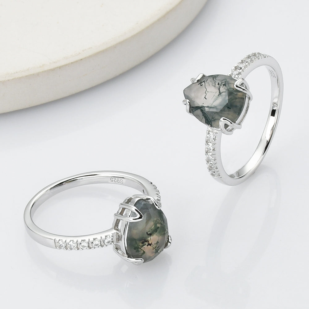 925 Sterling Silver Drop Natural Moss Agate Ring, CZ Micro Pave SS267-2