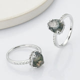 925 Sterling Silver Drop Natural Moss Agate CZ Ring SS267RS