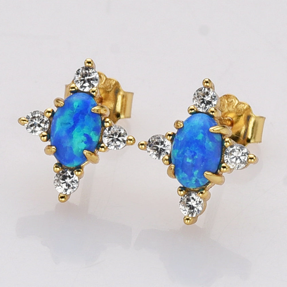 Gold Plated Sterling Silver Oval Blue Opal Stud Earrings, CZ Pave, Gemstone Earrings Jewelry SS289-2