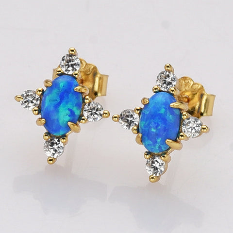 925 Sterling Silver Blue Opal Zircon Stud Earrings in Gold Plated, Fashion Jewelry SS289EG-2