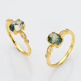 925 Sterling Silver Gold Claw Oval Natural Moss Agate Ring SS271-1