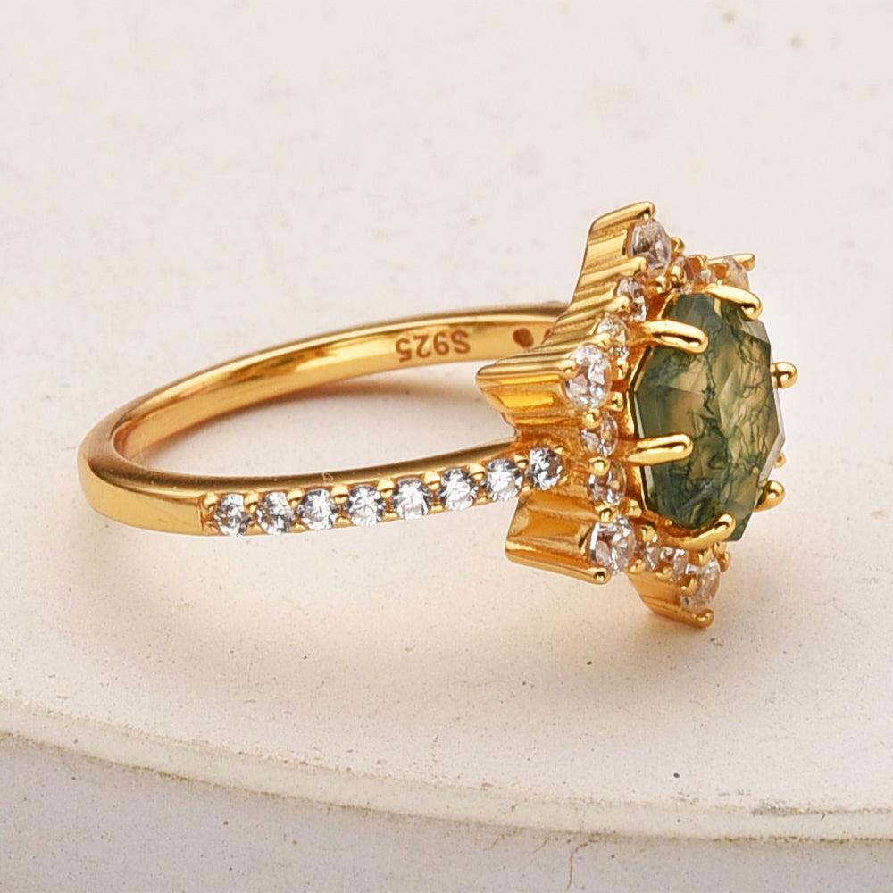 Gold Plated Hexagon Natural Moss Agate CZ Ring, 925 Sterling Silver Ring Jewelry SS291-1