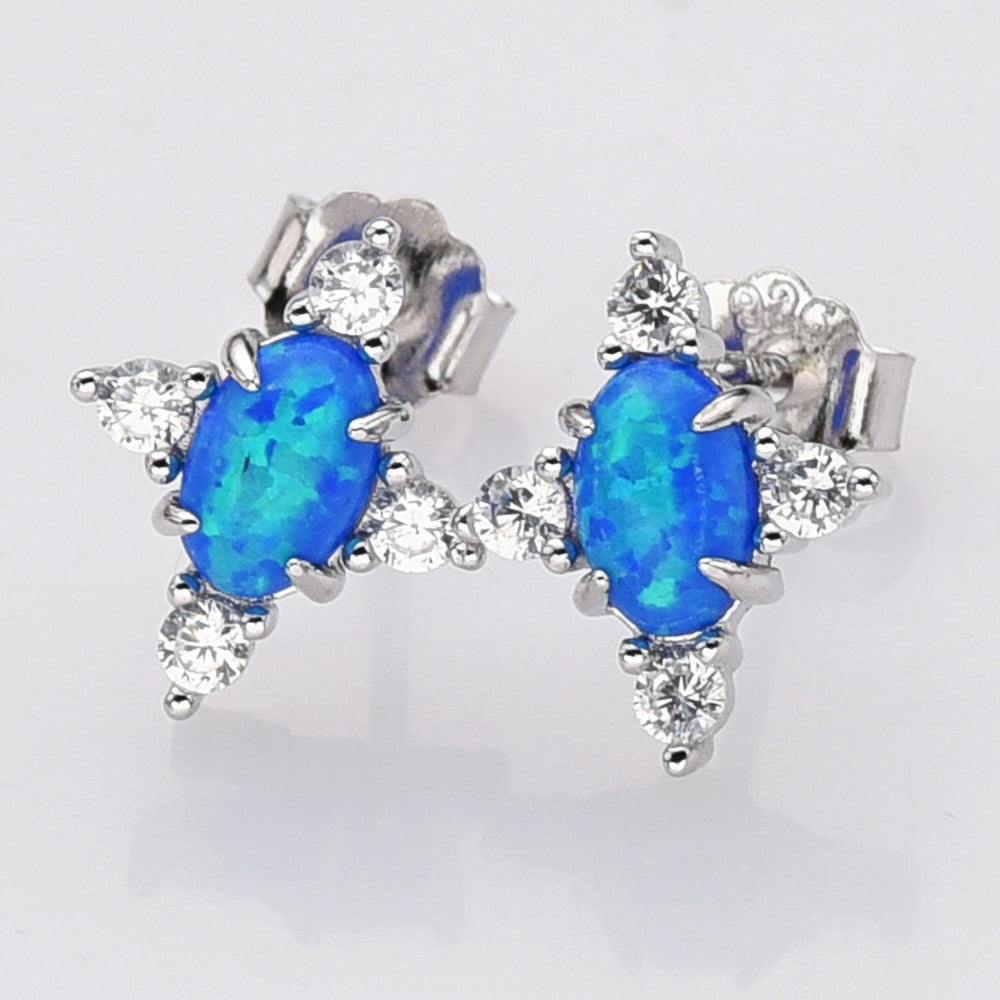 925 Sterling Silver Oval Blue Opal Stud Earrings, CZ Pave, Fashion Gemstone Earrings Jewelry SS290-2
