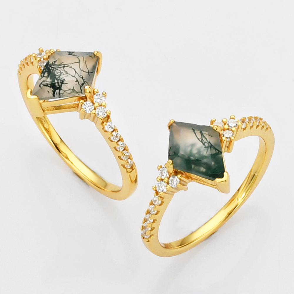 Gold Sterling Silver Diamond Natural Moss Agate Statement Ring, CZ Micro Pave Ring SS269-1
