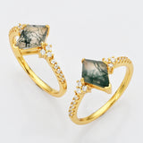 925 Sterling Silver Gold Diamond Moss Agate CZ Micro Pave Ring SS269-1