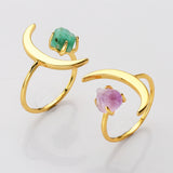 Gold Plated Birthstone Star Moon Ring, Raw Amethyst Crystal Ring, Adjustable Open Ring, Fashion Gemstone Jewelry AL639