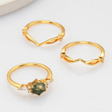 Gold White CZ Hexagon Natural Moss Agate Faceted Three-Piece Ring Set, Sterling Silver Ring Jewelry SS276-2