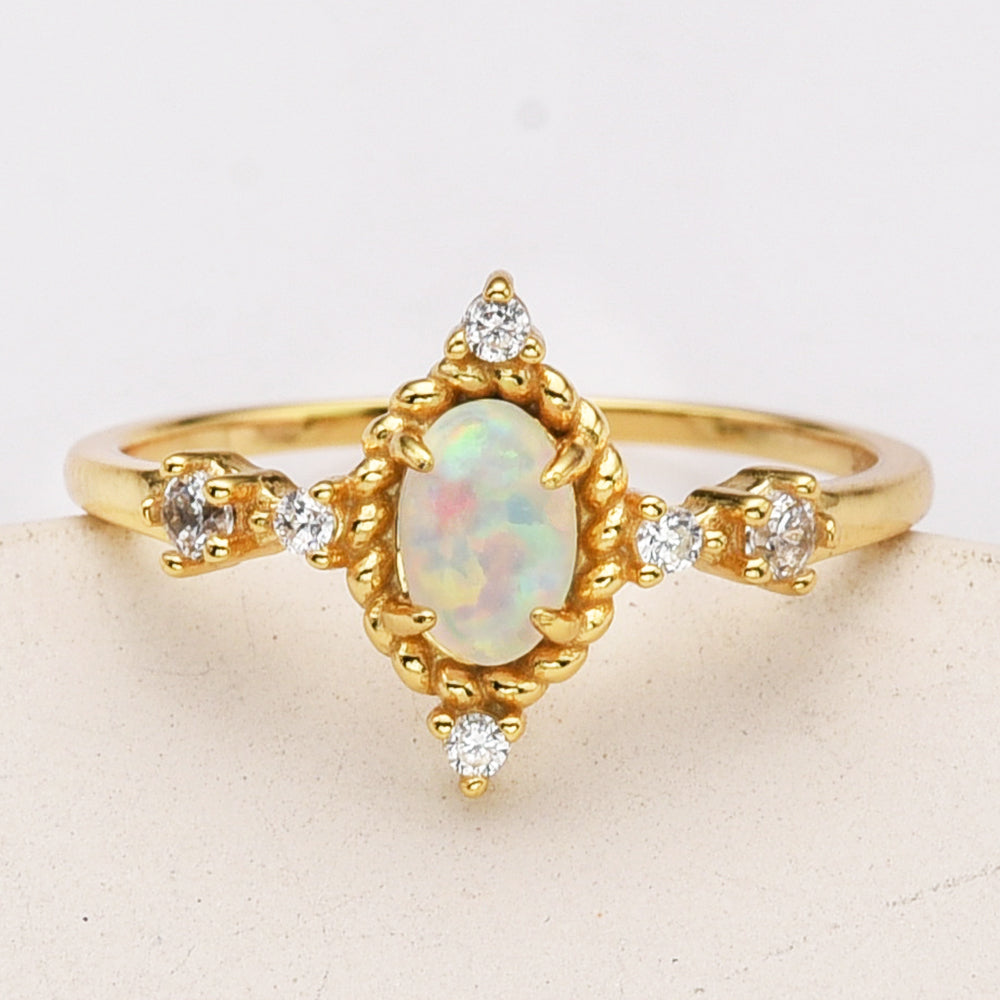 Gold Plated Oval White Opal Ring, 925 Sterling Silver, Zircon Ring, Fashion Jewelry For Her SS287-3