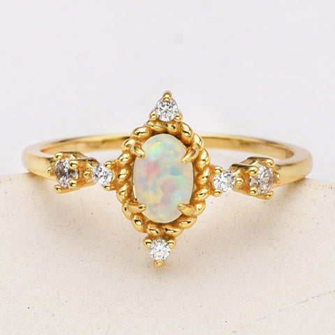 925 Sterling Silver Oval White Opal Ring in Gold Plated, Zircon Ring, Fashion Jewelry For Her SS287-3