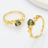 925 Sterling Silver Gold Round Natural Moss Agate Zircon Leaf Ring SS268-1