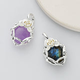 Unique Silver Plated Rose Flower Oval Gemtone Pendant, Polished Egg Stone Pendant, Healing Crystal Jewelry WX2228