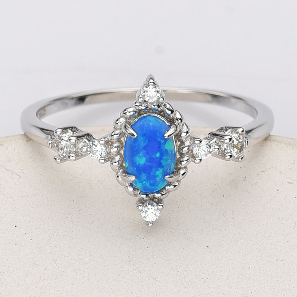 925 Sterling Silver Oval Black Opal Ring, CZ Pave, Fashion Jewelry SS288-2
