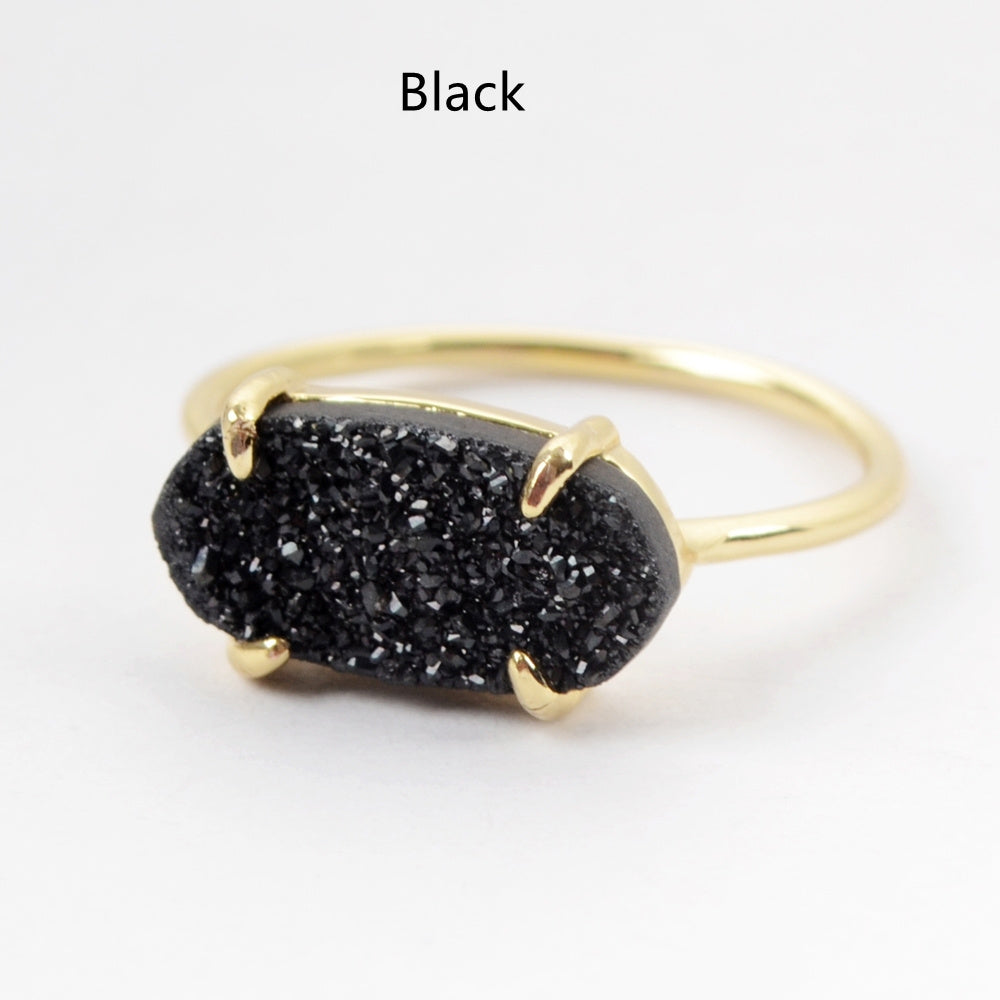 black  druzy ring, Hexagon Gold Claw Natural Titanium Druzy Ring, Agate Drusy Gemstone Ring, Boho Jewelry ZG0319