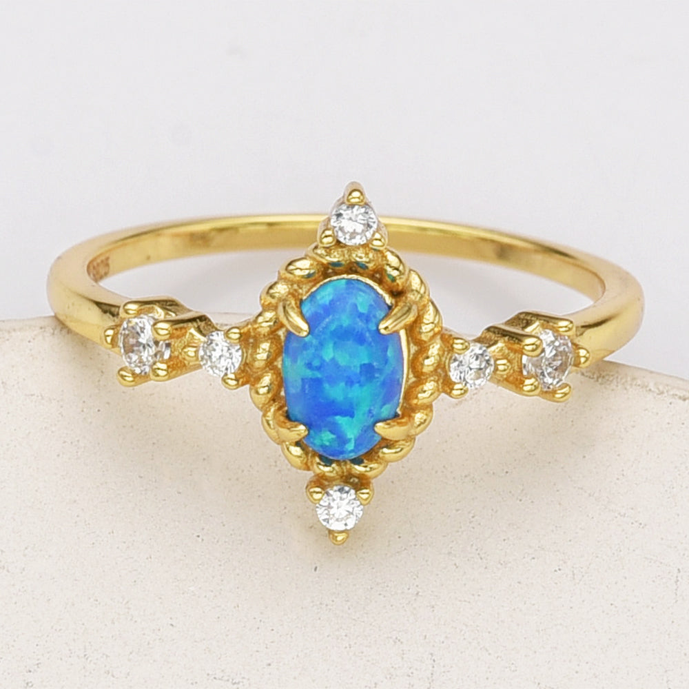 Gold Plated Oval Blue Opal Ring, 925 Sterling Silver, CZ Jewelry Ring SS287-2